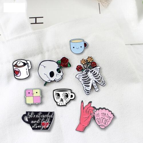 Cup Style Enamel Pin Skeleton Hand Coffee Badge Brooch Denim Jeans shirt bag Fashion Jewelry Gift for Friends Couple