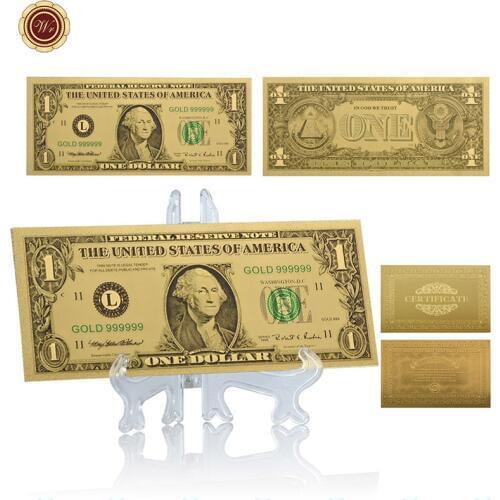 WR American Gold Plated Fake Money Quality 24k Golden Fake Money United States Bill Note with Nice Stand for Collection Artwork