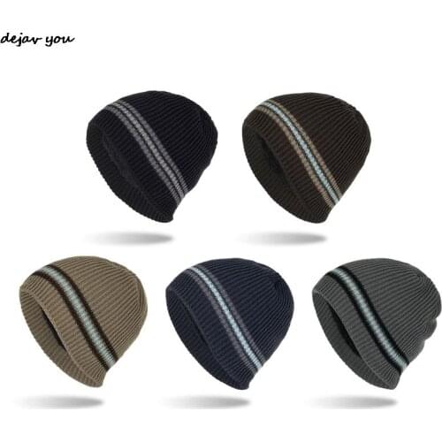 Women Men Knitted Woolen Hat Velvet Winter Warm Outdoor Hat Horizontal Striped Short Hat