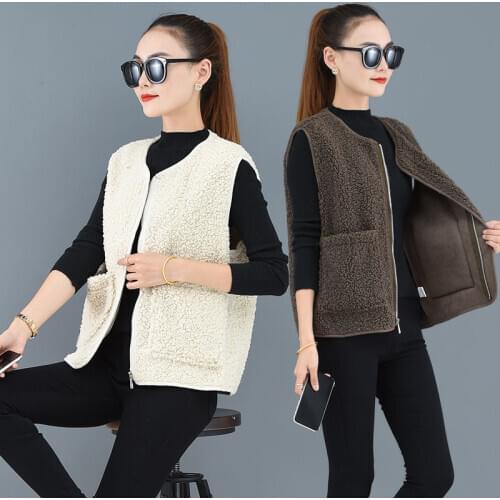 Pure Color Lamb Roll Ladies Cotton Waistcoat Zipper Pocket Female Short Coat Waistcoat Women Autumn Winter Waistcoat Vest Women