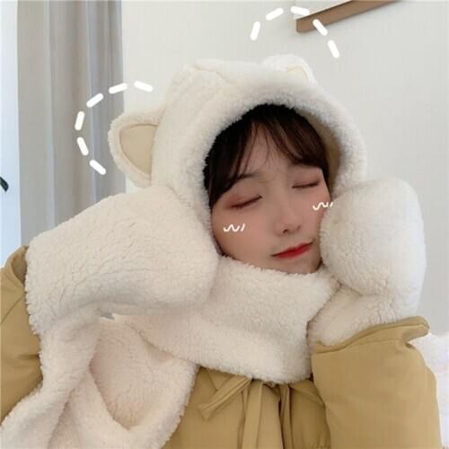 Women Fluffy Plush Warm 3 In 1 Hooded Scarf Hat Gloves Set Cartoon Cat Ears Winter Windproof Earflap Cap Pocket Mittens
