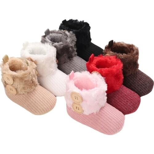 Little Baby Snow Boots Soft Sole Anti-Slip Infant Prewalkers Winter Warm Fur Knit Booties with 2 Buttons