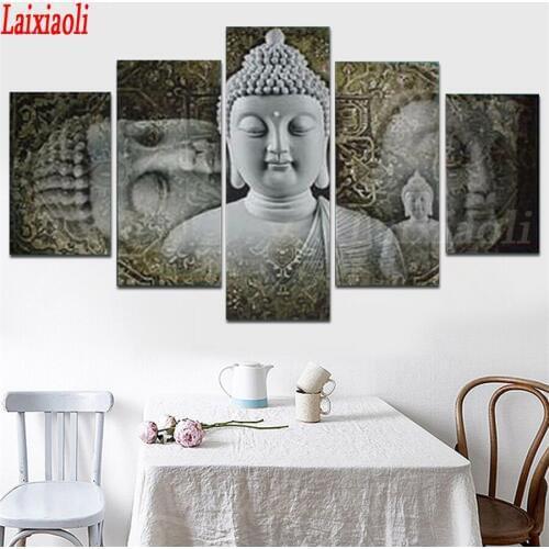 5 Panels Divine Buddha diamond Painting cross stitch Traditional Figure Of Buddha Symbol Buddhism rhinestone embroidery Wall Art