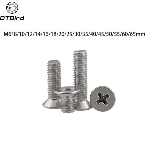 50pcs GB819 M6 Metric Thread 304 Stainless Steel flat head cross Countersunk head screw m6*(8/10/12/14/16/20/25/30/35~65) mm