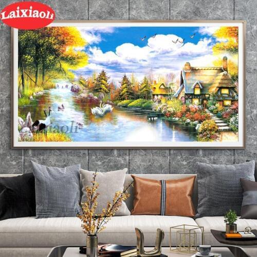 Diamond embroidery mosaic blue sky white cloud diamond paintings full drill stitch cross dream horse village scenery lake decor