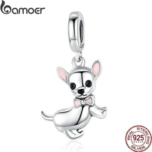 Bamoer Cute Pet Chihuahua Dog Pendant Charm Silver 925 Original Pink Enamel Ear Fashion Jewelry Gifts Girl Accessories SCC1317