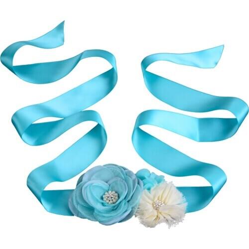 Turquoise Blue Girl Woman Sash Belt Satin Silk Chiffon Flower Sash Belt with Pearl Rhinestone Wedding Flower Girl Belt