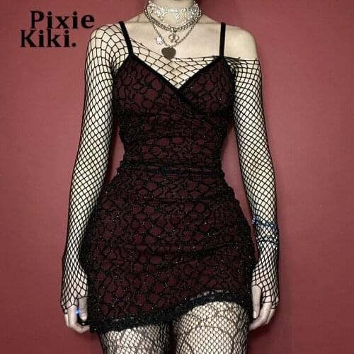 PixieKiki Glitter Mesh Cami Dress Egirl Gothic Clothes Fairy Grunge Dark Academia Sexy Bodycon Mini Dresses Clubwear P80-CE17