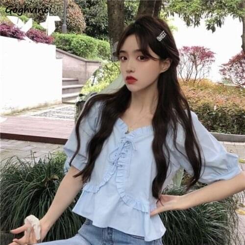 Blouses Women All-match Harajuku Ins Soft Elegant Puff-sleeve Casual Solid Design Ruffles Clothing Trendy Breathable Y2k Tender