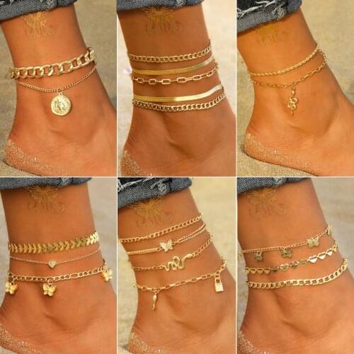 FNIO Vintage Anklet Set Fashion Anklets For Women Multilayers Adjustable Anklet 2021 Bracelet On Leg Foot Beach Jewelry