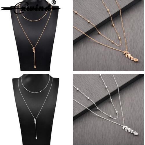 Cxwind Delicate Olive Leaf Geometric Pendant Necklace Bohemian Multilayer Pine Cone Tassel Necklaces for Women Christmas Gifts