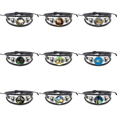 EJ Glaze Cheap Fashion Jewelry With Glass Cabochon Black Leather Bracelet Bangle For Girls My Neighbour Totoro