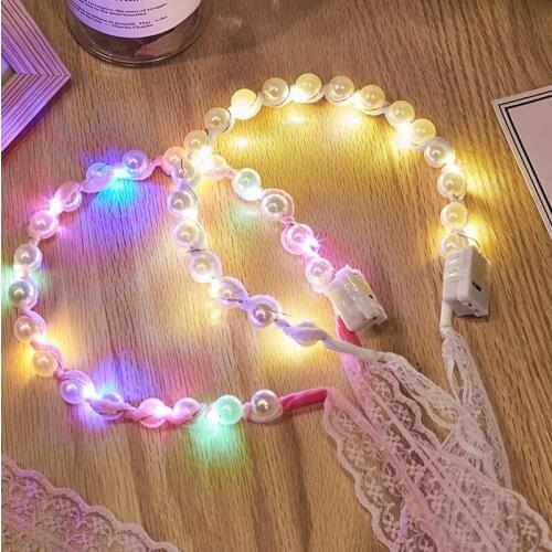 1pc Lace Ribbon Veil Luminous Headband Fairy Lights Light Up Headband Female Tie Pearl Headdress Luminous Wedding Party Xmas