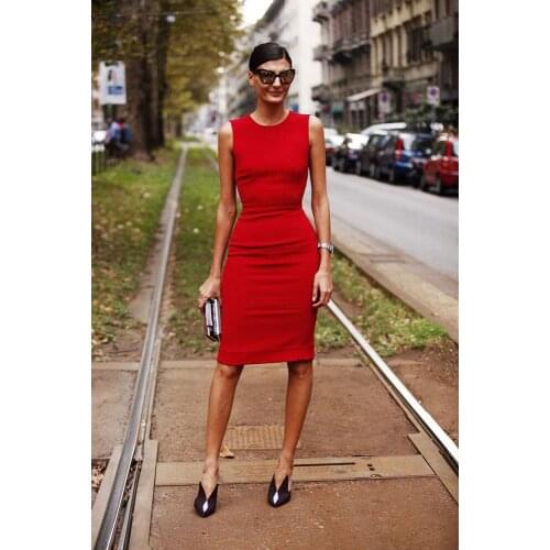 Summer New Casual Commuting Womens Wear Red Collar Sleeveless Trim Medium and Long Knee Dresses