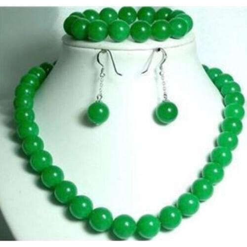 Real silver-jewelry Womens Wedding Beautiful 10mm green gem beads necklace Bracelet earring set real Natural Gems stone
