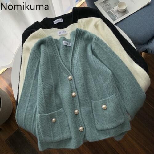 Nomikuma 2020 Autumn Winter Sweater Coat Pearl Single Breasted Pockets Knitted Cardigan Korean Causal Stripe Knitwear Tops 6B387