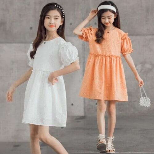 Girls Dress Puff Cotton Fabric Two Layers Soft 2021 New Kids Summer Clothes Teen Plaid Dress Ruched Fashion Soft,#6252