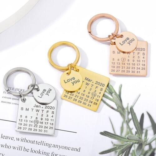 Personalized Custom Calendar Keychain Stainless Steel Key Chain Key Ring Heart Date Engraved Birthday Wedding Anniversary Gift