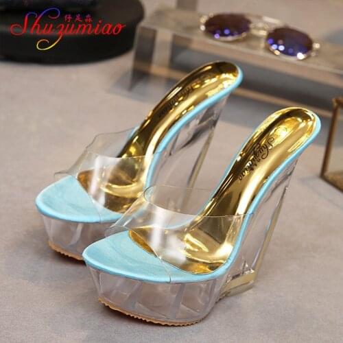Women Shoes Special Crystal Wedges Female Waterproof Anti-skid Slippers Summer Thick Sexy High-heeled 14cm Sandals All-match