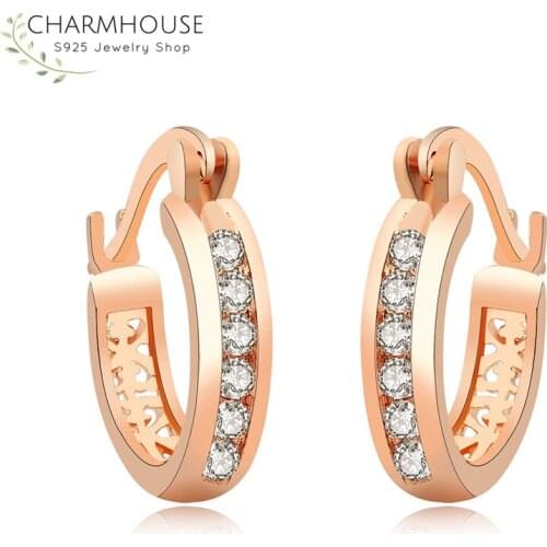 Charmhouse Hoop Earrings for Women Rose Gold Color GP U Shape Zirconia Earing Brincos Femme Pendientes Wedding Bridal Jewelry