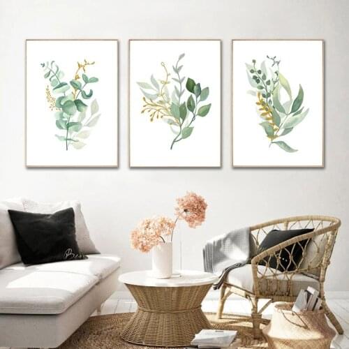Modern Canvas Painting Green Plants Gold Leaves Simplicity Canvas Painting Wall Art Poster Pictures Living Room Home Interior