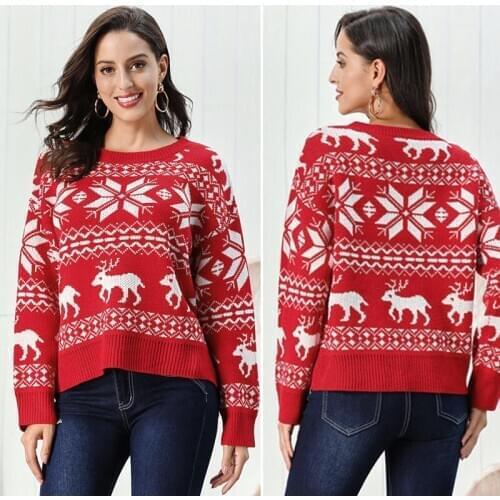 Christmas Sweater Winter Deer Printed Knitted Pullovers Plus Size Streetwear Long Sleeve Casual Jumpers Red