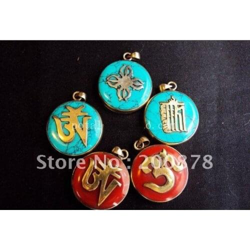 TGB048 Tibetan traditional round amulet pendants, Nepal brass inlaid turquoise coral Prayer box,Ghau,OM