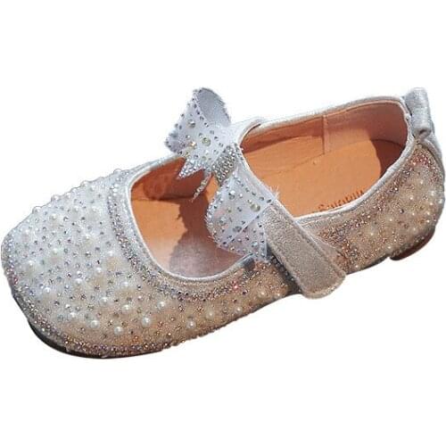 Girls' Single Shoes 2021 Summer New Fashion Rhinestone Pearl Kids Cute Bow-knot Princess Leather Shoes Cute Sweet for Wedding