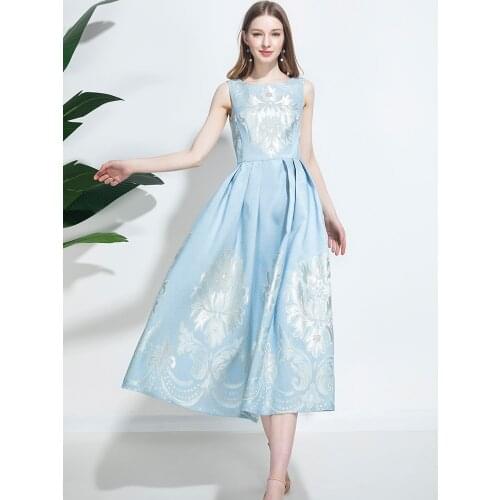 2020 Vintage Jacquard Runway Long Dress Sleeveless Women Evening Wedding Gorgeous Floral Printed Long Dress 91110