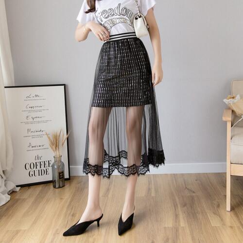 Mesh Stitching A-line Womens Skirt 2019 New Version Summer High Waist Wild Skirt Women