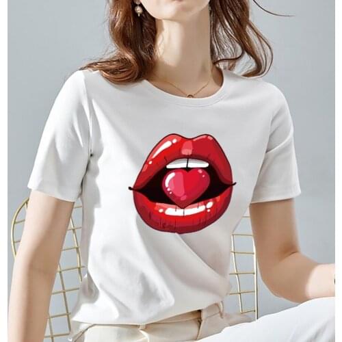 Womens T-shirt Lip Print Series All-match Womens Shirt Slim T-shirt Ladies Summer O-neck Short Sleeve Street Fashion Top