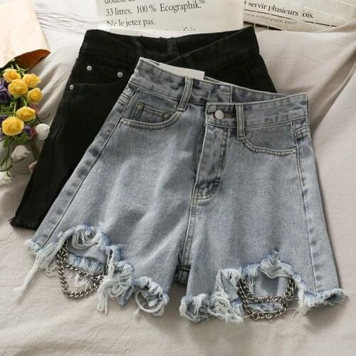 2021 Summer Women Stylish Chain Patchwork Hole High Waist Denim Jeans Pants Casuam Summer Hot Shorts Drop Shipping
