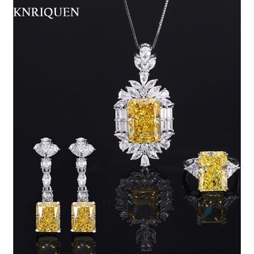 Luxury 925 Sterling Silver Yellow Topaz Gemstone High Carbon Diamond Necklace Ring Earrings for Women Wedding Jewelry Sets Gift