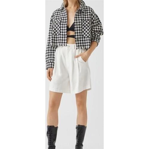 ZXQJ Women 2020 Fashion Single Breasted Short Black Plaid Shirt Jacket Pocket Accessories Vintage Long Sleeve Female Chic Tops