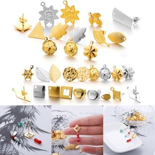 10pcs Stainless Steel Geometric Round Flower Earring Stud Gold Earrings Base With Earring Plug Connectors For DIY Jewelry Making