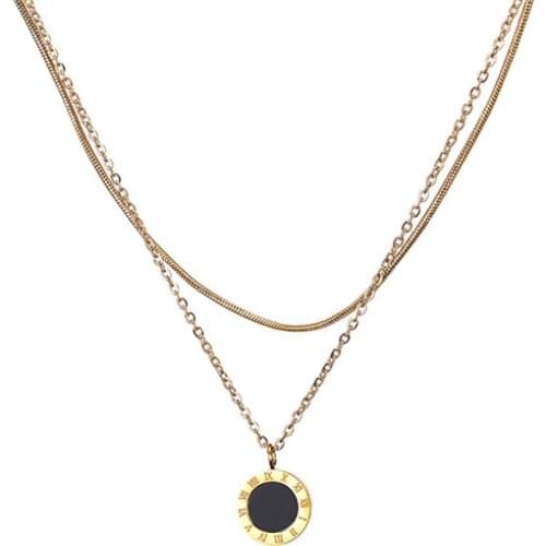 316L Stainless Steel New Fashion Upscale Jewelry 2 Layer Round Roman Numerals Charms Chain Choker Necklaces Pendants For Women