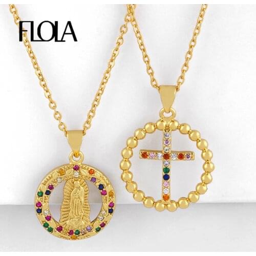 FLOLA Gold Virgin Mary Pendant Necklaces for Women With Crystal CZ Cross Necklaces Rainbow Jewelry virgen de guadalupe nkeq22