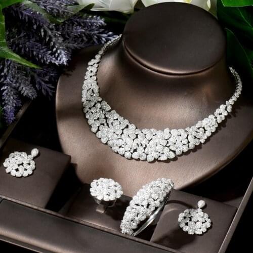 HIBRIDE Big Flower Shape White Color 4pcs Women Bridal Necklace Earring Sets Fahion Jewelry Wedding Accessories N-1805