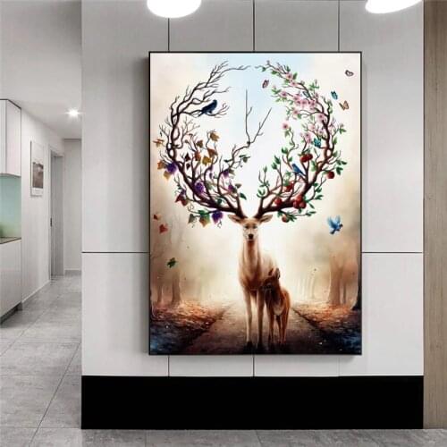 Elk Deer Canvas Paintings Modern Decorative Pictures Prints Posters Parent-child Deer Paintings for Living Room Decor Cuadros