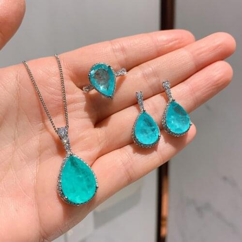 QTT Luxury Wedding Silver Accessories Set For Bride Paraiba Water Drop Tourmaline Gemstone Ring Necklace Earring Jewelry Sets