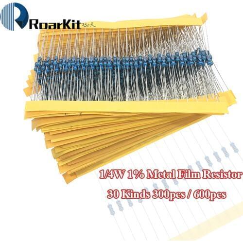 600pcs/set 30 Kinds 1/4W Resistance 1% Metal Film Resistor Pack Assorted Kit 1K 10K 100K 220ohm 1M Resistors 300pcs/set