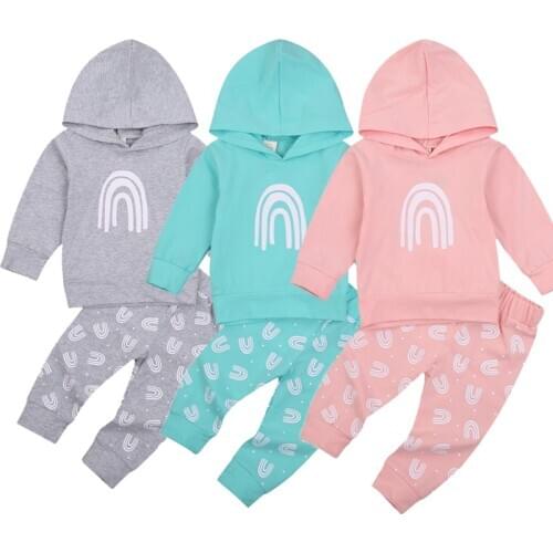 Lioraitiin 0-3Years Toddler Newborn Baby Girl Autumn 2Pcs Clothing Set Long Sleeve Rainbow Printed Hooded Top Pant 3Pcs Outfit