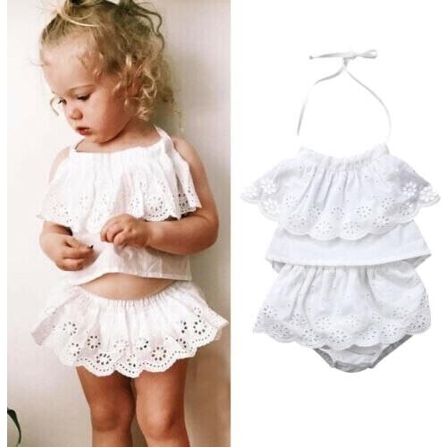 0-24M Toddler Baby Girls Lace Halter Tops Skirt Pants Clothes Outfits Sunsuit Clothes Set
