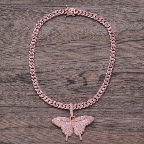 Brass CZ Butterfly Pendant with 8mm Brass Cuban Link Chain Iced out Bling bling Hip Hop Necklace Jewelry for women CN165