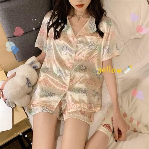 Rainbow Bear Summer Pajamas Set Women Single Breasted Shrts + Shorts Set Two Piece Home Suit Ice Silk Home Clothes Casual