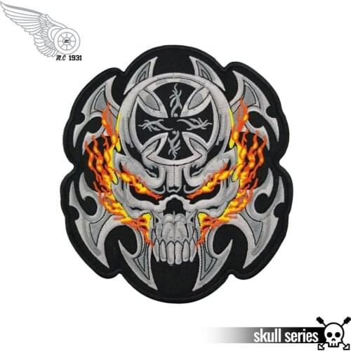 Flame skull big size patch motorcycle biker embroidery iron on hippie patches for jacket vest