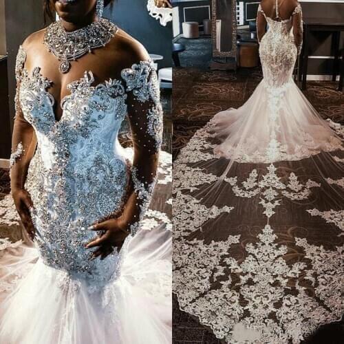 Sheer Mesh Top Lace Mermaid Wedding Dresses 2021 Tulle Lace Applique Beaded Crystals Long Sleeves Wedding Bridal Gowns with deta