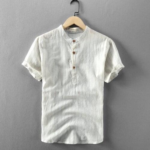 Mens Casual Cotton Linen Shirt Short Sleeve Blouse Top Botton Pinstripe Shirt Comfortable Handsome Men Linen Henley Shirt