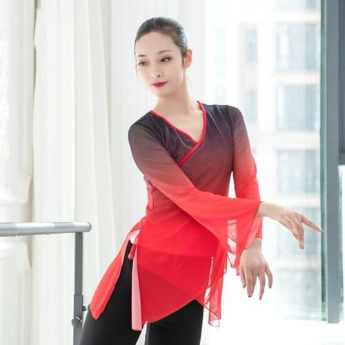 Sexy Womens Dancewear See Through Mesh Practice Shirt V Neck Long Sleeve Top Classical Dance Clothing Gradient Color XL