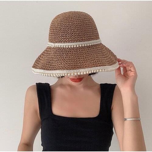 Shade Hats for Women Summer Straw Sun Bucket Hat Girl Outside Travel Straw Cap Casual Hat Beach Panama Straw Pearl accessories
